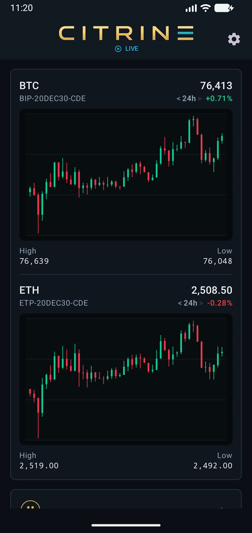 Citrine displaying BTC and ETH market charts together