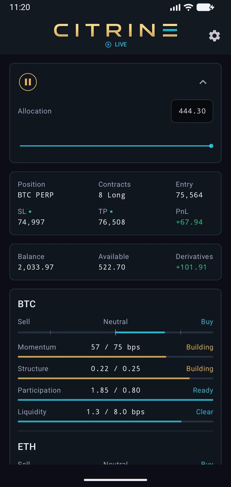 Citrine portfolio and position protection, shown with example account values
